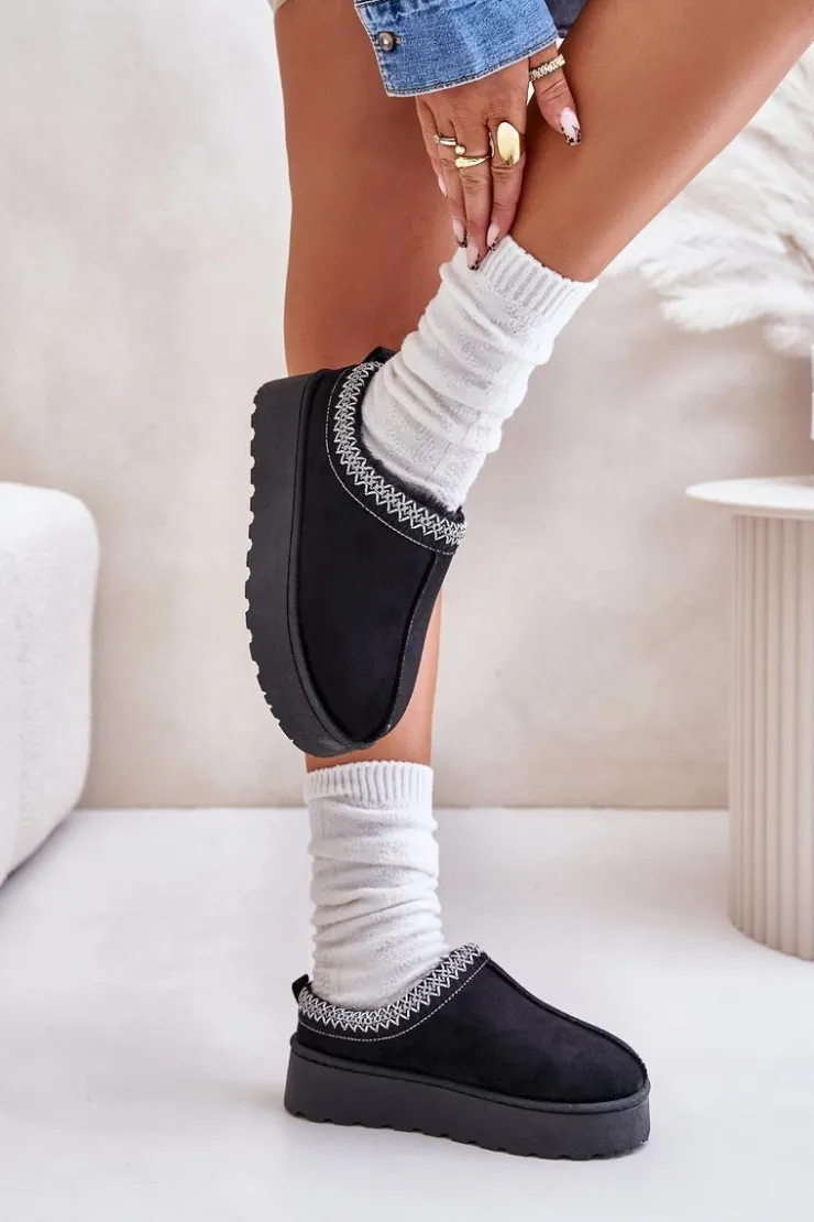 Damskie Boto Śniegowce Damskie Na Platformie Ocieplane Futerkiem Czarne Remenia