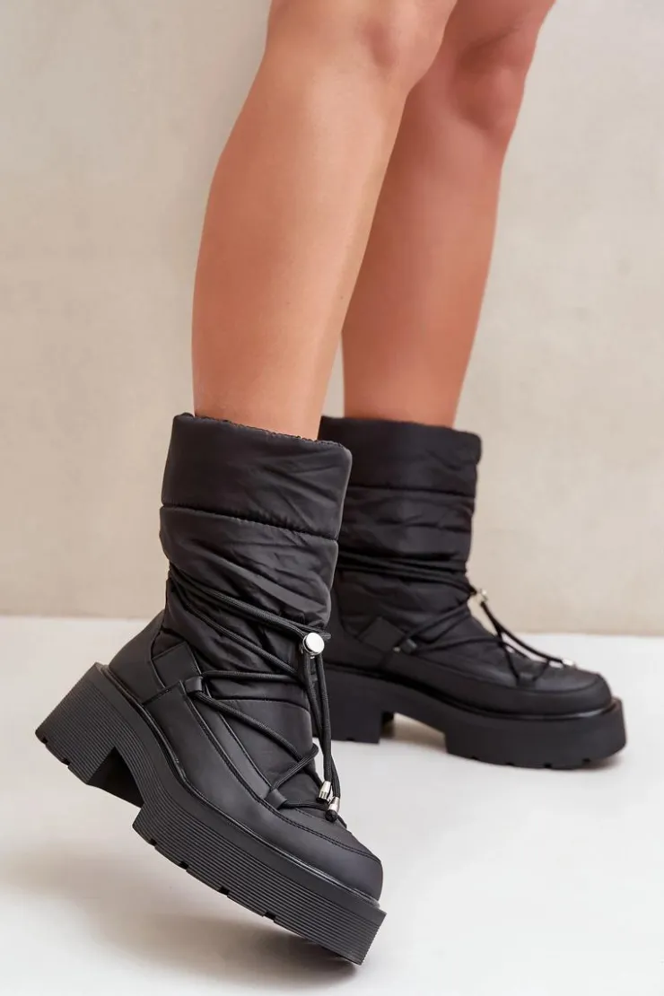 Boto Śniegowce Damskie*Śniegowce Damskie Na Platformie I Płaskim Obcasie Czarne Seandriel