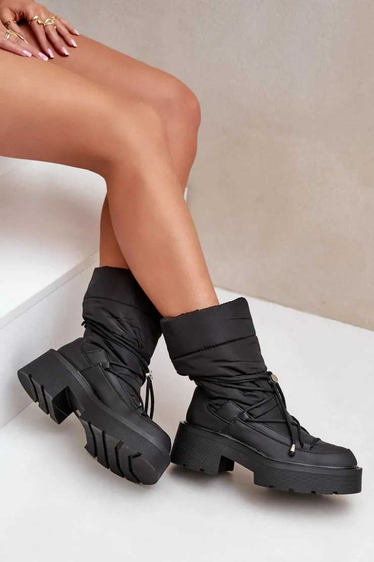 Boto Śniegowce Damskie*Śniegowce Damskie Na Platformie I Płaskim Obcasie Czarne Seandriel