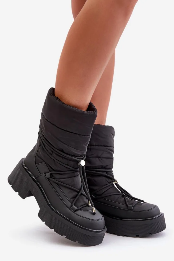 Boto Śniegowce Damskie*Śniegowce Damskie Na Platformie I Płaskim Obcasie Czarne Seandriel