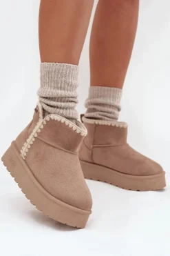 Sale Big Star Shoes Śniegowce Damskie Na Platformie Z Przeszyciami Big Star SS274129 Beżowe Beżowy