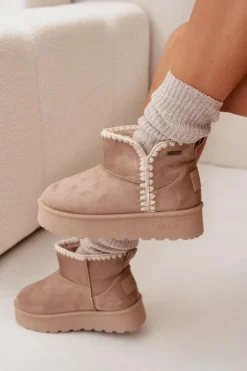 Sale Big Star Shoes Śniegowce Damskie Na Platformie Z Przeszyciami Big Star SS274129 Beżowe Beżowy