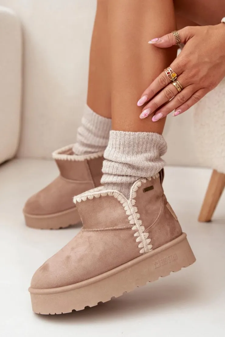 Sale Big Star Shoes Śniegowce Damskie Na Platformie Z Przeszyciami Big Star SS274129 Beżowe Beżowy