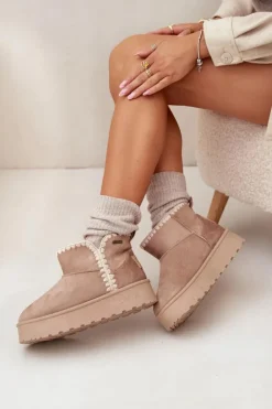 Sale Big Star Shoes Śniegowce Damskie Na Platformie Z Przeszyciami Big Star SS274129 Beżowe Beżowy