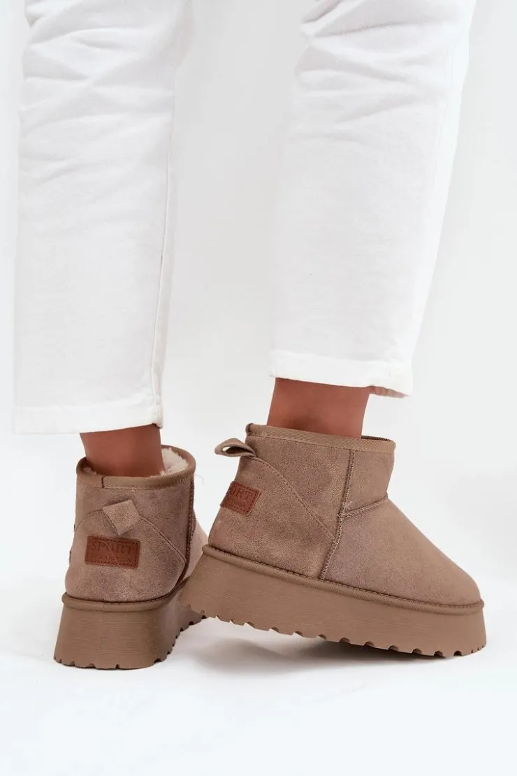 Sale Boto Śniegowce Damskie Na Platformie Ciemnobeżowe Celyra Beżowy
