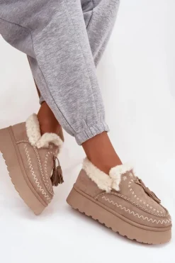 Online Boto Śniegowce Damskie Na Platformie Z Futerkiem I Frędzlami Beżowe Ferayne Beżowy