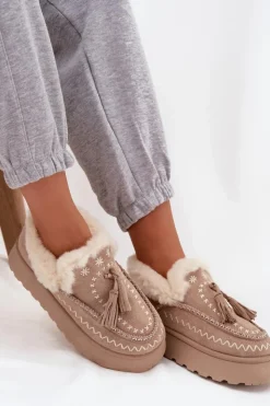 Online Boto Śniegowce Damskie Na Platformie Z Futerkiem I Frędzlami Beżowe Ferayne Beżowy