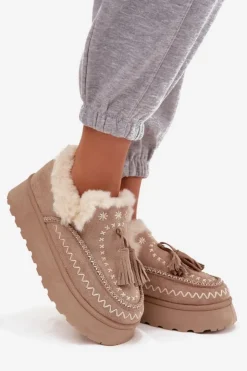 Online Boto Śniegowce Damskie Na Platformie Z Futerkiem I Frędzlami Beżowe Ferayne Beżowy