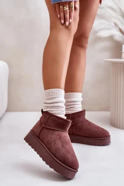 Boto Śniegowce Damskie*Śniegowce Damskie Na Platformie Ocieplane Futerkiem Ciemnobrązowe Xamella Brązowy