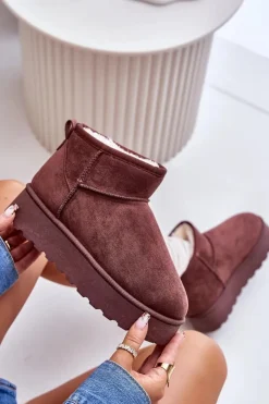 Boto Śniegowce Damskie*Śniegowce Damskie Na Platformie Ocieplane Futerkiem Ciemnobrązowe Xamella Brązowy