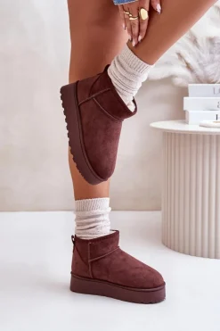 Boto Śniegowce Damskie*Śniegowce Damskie Na Platformie Ocieplane Futerkiem Ciemnobrązowe Xamella Brązowy