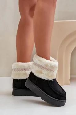 Boto Śniegowce Damskie*Śniegowce Damskie Na Platformie Z Futerkiem I Wzorem Czarne Deepanti Czarny