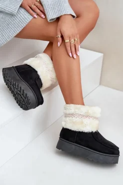 Boto Śniegowce Damskie*Śniegowce Damskie Na Platformie Z Futerkiem I Wzorem Czarne Deepanti Czarny