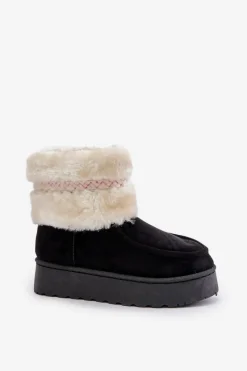 Boto Śniegowce Damskie*Śniegowce Damskie Na Platformie Z Futerkiem I Wzorem Czarne Deepanti Czarny