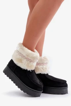 Boto Śniegowce Damskie*Śniegowce Damskie Na Platformie Z Futerkiem I Wzorem Czarne Deepanti Czarny