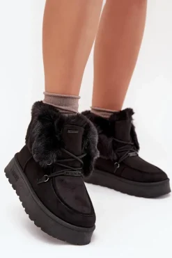 Big Star Shoes Śniegowce Damskie*Śniegowce Damskie Na Platformie Z Futerkiem I Wiązaniem Big Star SS274113 Czarne Czarny