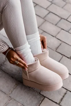 Boto Śniegowce Damskie*Śniegowce Damskie Na Platformie Ocieplane Futerkiem Jasnobeżowe Xamella Beżowy