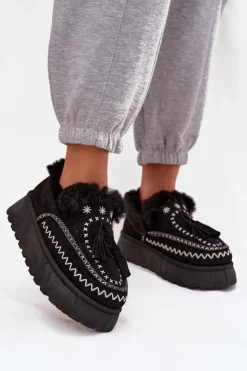 Damskie Boto Śniegowce Damskie Na Platformie Z Futerkiem I Frędzlami Czarne Ferayne