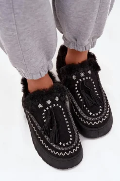 Damskie Boto Śniegowce Damskie Na Platformie Z Futerkiem I Frędzlami Czarne Ferayne