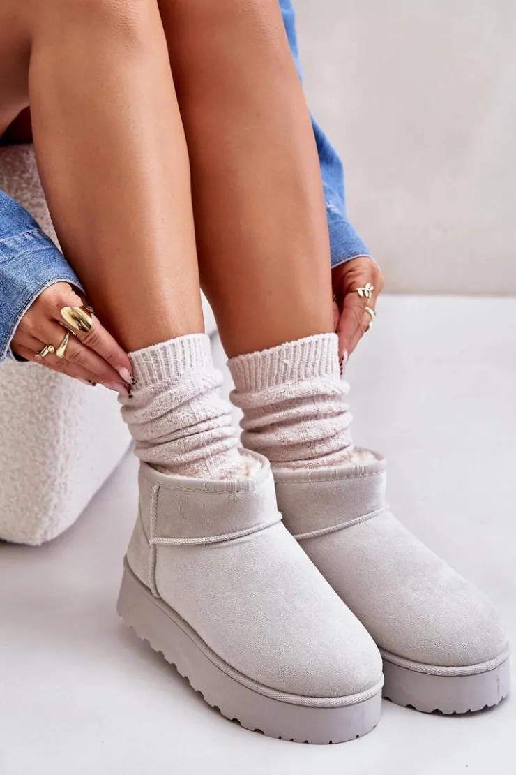 Sale Boto Śniegowce Damskie Na Platformie Ocieplane Futerkiem Jasnoszare Xamella Szary