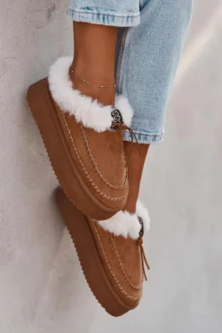 Boto Śniegowce Damskie|Kapcie Klasyczne*Śniegowce Damskie Na Platformie Z Futerkiem I Przeszyciami Camel Kellina Brązowy