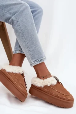 Boto Śniegowce Damskie|Kapcie Klasyczne*Śniegowce Damskie Na Platformie Z Futerkiem I Przeszyciami Camel Kellina Brązowy