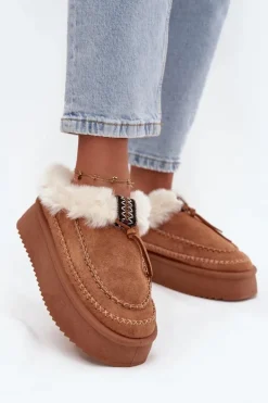 Boto Śniegowce Damskie|Kapcie Klasyczne*Śniegowce Damskie Na Platformie Z Futerkiem I Przeszyciami Camel Kellina Brązowy
