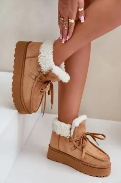 Discount Boto Śniegowce Damskie Na Platformie Z Futerkiem Typu Branek Camel Ciabellae Brązowy