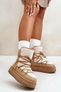 Damskie Boto Śniegowce Damskie Na Platformie Z Wiązaniem Jasnobrązowe Riaviana