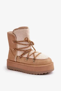 Damskie Boto Śniegowce Damskie Na Platformie Z Wiązaniem Jasnobrązowe Riaviana