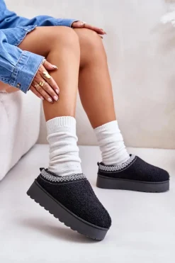 Damskie Boto Śniegowce Damskie Na Platformie Z Haftem Czarne Tirissa