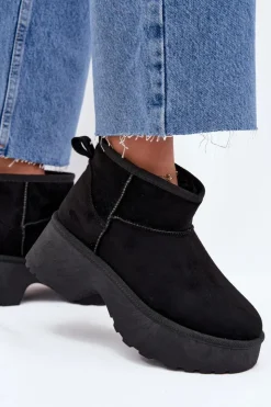 Damskie Boto Śniegowce Damskie Niskie Wsuwane Ocieplane Futerkiem Czarne Mavelle