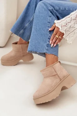 Damskie Boto Śniegowce Damskie Niskie Wsuwane Ocieplane Futerkiem Khaki Mavelle