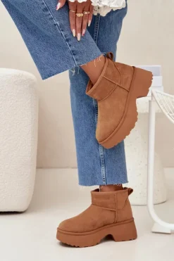 Boto Śniegowce Damskie*Śniegowce Damskie Niskie Wsuwane Ocieplane Futerkiem Camel Mavelle Brązowy