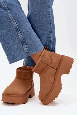 Boto Śniegowce Damskie*Śniegowce Damskie Niskie Wsuwane Ocieplane Futerkiem Camel Mavelle Brązowy