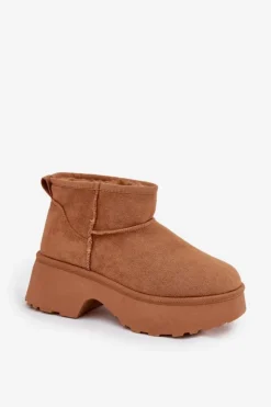 Boto Śniegowce Damskie*Śniegowce Damskie Niskie Wsuwane Ocieplane Futerkiem Camel Mavelle Brązowy