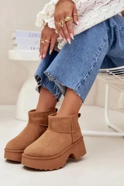 Boto Śniegowce Damskie*Śniegowce Damskie Niskie Wsuwane Ocieplane Futerkiem Camel Mavelle Brązowy