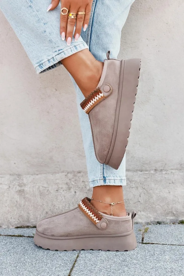 New Boto Śniegowce Damskie Niskie Z Ruchomym Paskiem I Haftem Na Platformie Ciemnobeżowe Lyrisse Beżowy