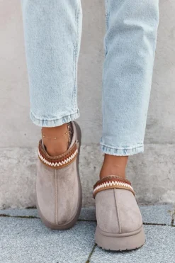 New Boto Śniegowce Damskie Niskie Z Ruchomym Paskiem I Haftem Na Platformie Ciemnobeżowe Lyrisse Beżowy