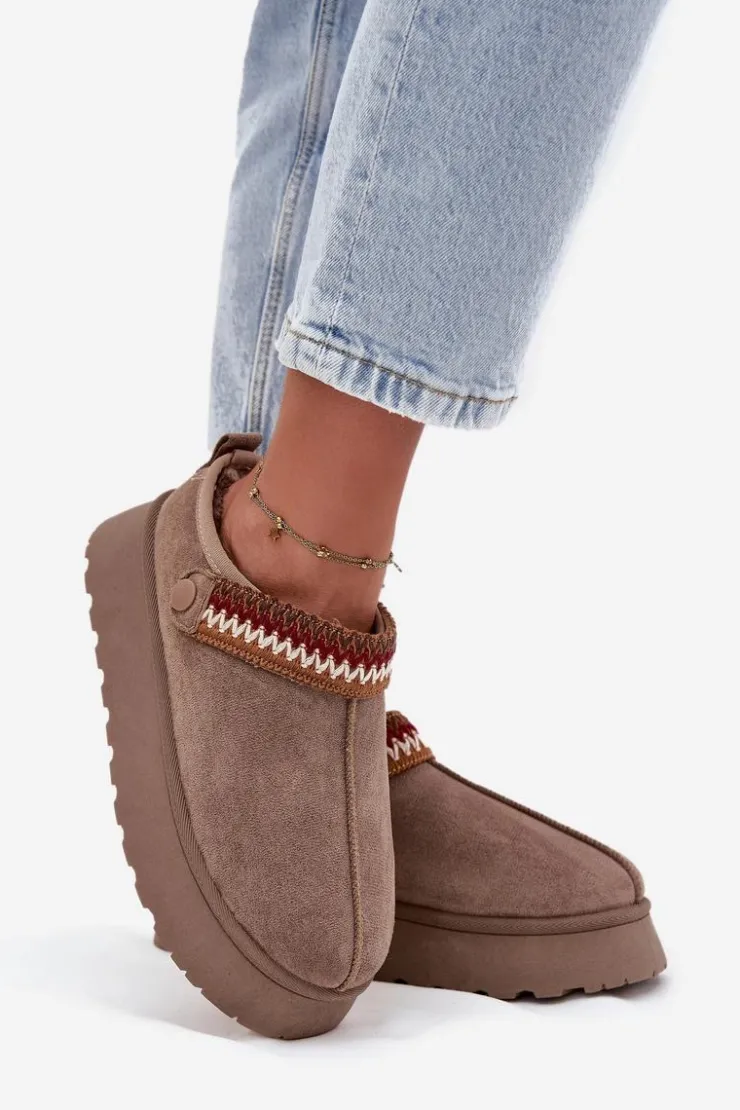 New Boto Śniegowce Damskie Niskie Z Ruchomym Paskiem I Haftem Na Platformie Ciemnobeżowe Lyrisse Beżowy