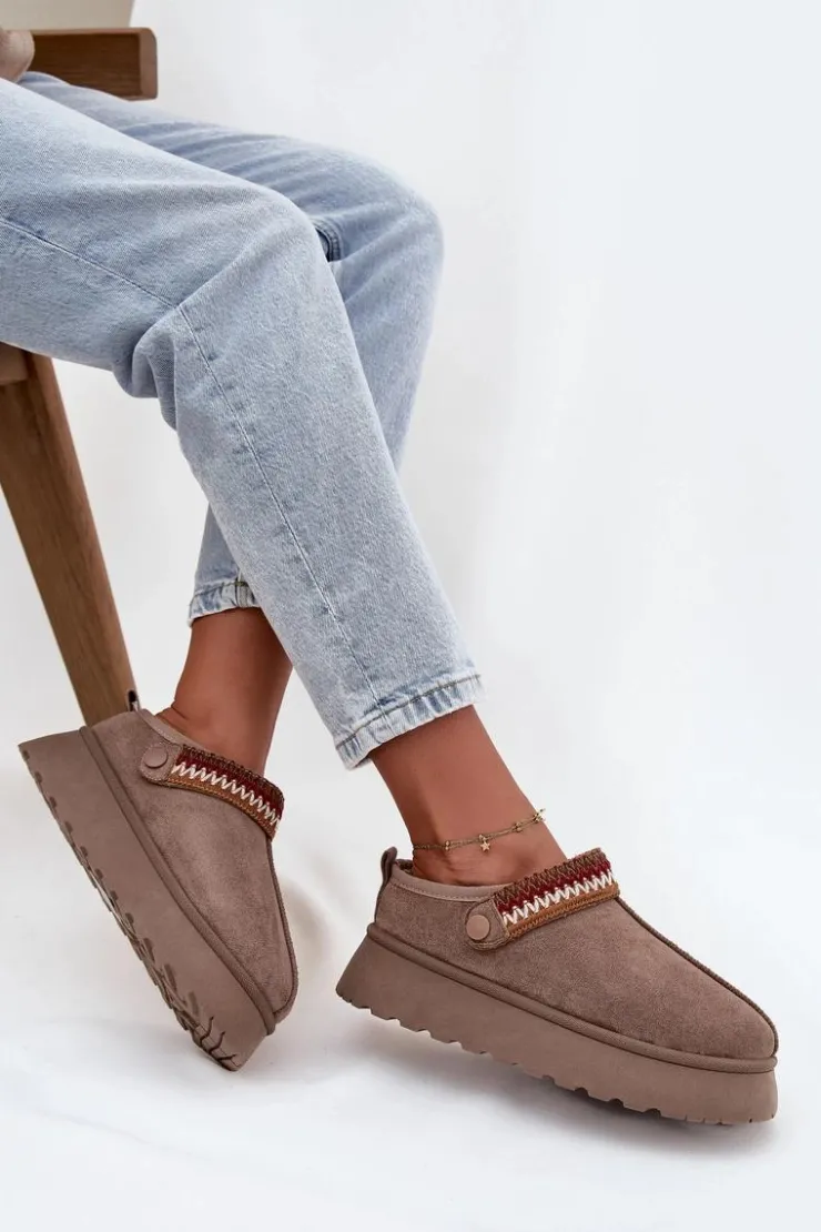 New Boto Śniegowce Damskie Niskie Z Ruchomym Paskiem I Haftem Na Platformie Ciemnobeżowe Lyrisse Beżowy