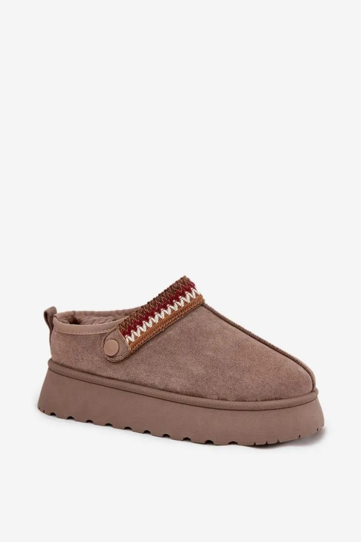 New Boto Śniegowce Damskie Niskie Z Ruchomym Paskiem I Haftem Na Platformie Ciemnobeżowe Lyrisse Beżowy