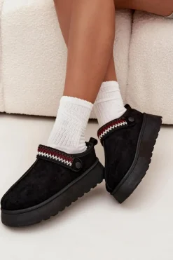 Boto Śniegowce Damskie|Kapcie Klasyczne*Śniegowce Damskie Niskie Z Ruchomym Paskiem I Haftem Na Platformie Czarne Lyrisse