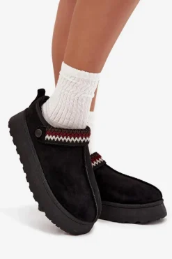 Boto Śniegowce Damskie|Kapcie Klasyczne*Śniegowce Damskie Niskie Z Ruchomym Paskiem I Haftem Na Platformie Czarne Lyrisse