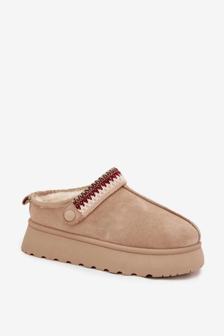 Boto Śniegowce Damskie|Kapcie Klasyczne*Śniegowce Damskie Niskie Z Ruchomym Paskiem I Haftem Na Platformie Jasnobeżowe Lyrisse Beżowy