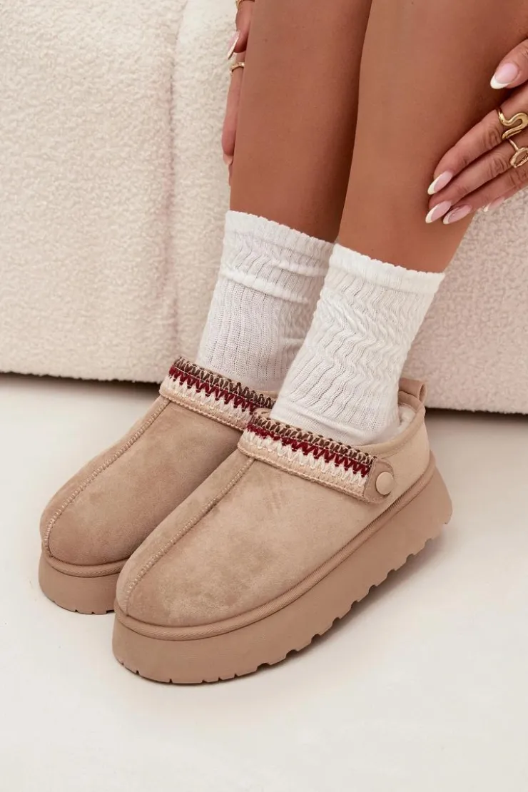 Boto Śniegowce Damskie|Kapcie Klasyczne*Śniegowce Damskie Niskie Z Ruchomym Paskiem I Haftem Na Platformie Jasnobeżowe Lyrisse Beżowy