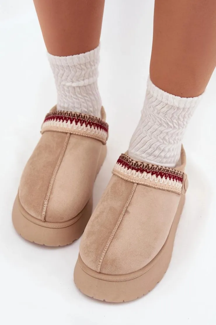 Boto Śniegowce Damskie|Kapcie Klasyczne*Śniegowce Damskie Niskie Z Ruchomym Paskiem I Haftem Na Platformie Jasnobeżowe Lyrisse Beżowy