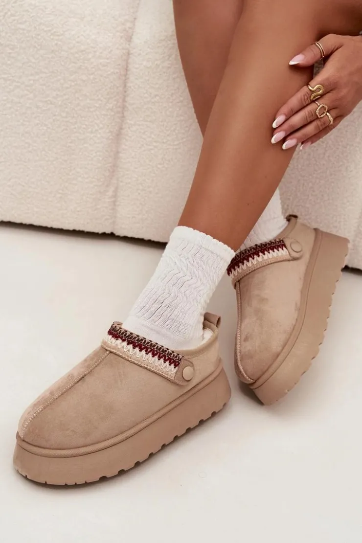 Boto Śniegowce Damskie|Kapcie Klasyczne*Śniegowce Damskie Niskie Z Ruchomym Paskiem I Haftem Na Platformie Jasnobeżowe Lyrisse Beżowy