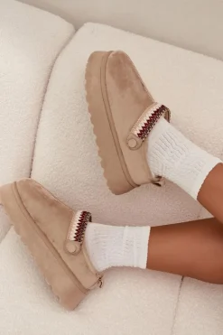 Boto Śniegowce Damskie|Kapcie Klasyczne*Śniegowce Damskie Niskie Z Ruchomym Paskiem I Haftem Na Platformie Jasnobeżowe Lyrisse Beżowy