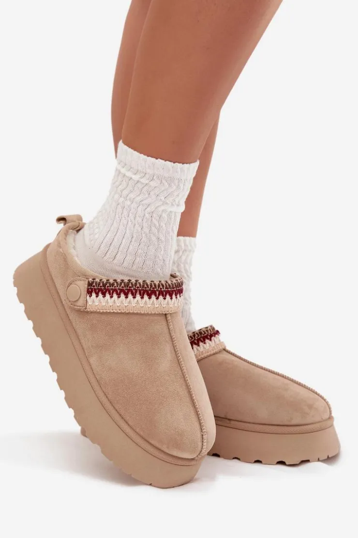 Boto Śniegowce Damskie|Kapcie Klasyczne*Śniegowce Damskie Niskie Z Ruchomym Paskiem I Haftem Na Platformie Jasnobeżowe Lyrisse Beżowy